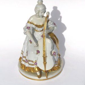 Gold White and Purple "N" CROWN Vintage Porcelain 8" Lady Cello Figurine Germany